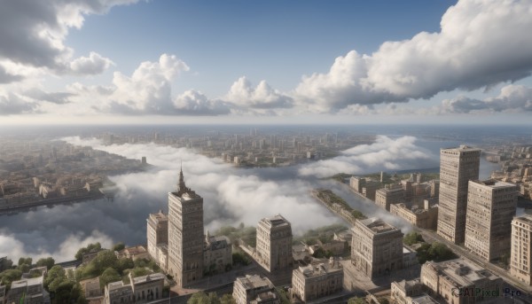 outdoors,sky,day,cloud,water,tree,blue sky,no humans,ocean,cloudy sky,building,scenery,city,horizon,cityscape,skyscraper,tower,landscape,river