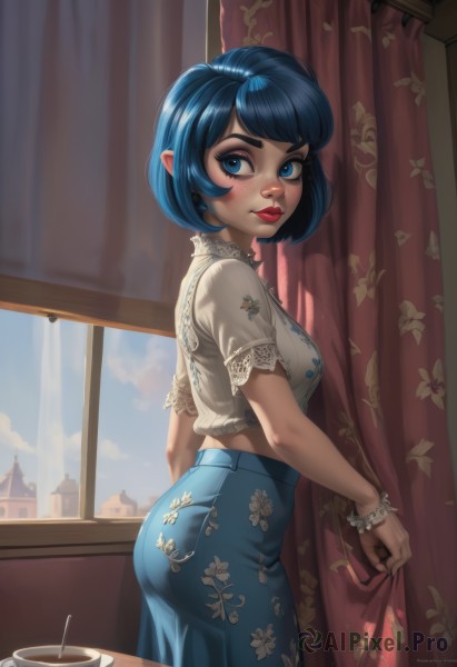 1girl,solo,breasts,looking at viewer,blush,short hair,bangs,blue eyes,skirt,shirt,jewelry,medium breasts,closed mouth,blue hair,standing,white shirt,ass,short sleeves,cowboy shot,earrings,frills,sky,day,pointy ears,midriff,looking back,artist name,indoors,signature,bracelet,from side,cup,lips,blue skirt,crop top,looking to the side,eyelashes,window,makeup,swept bangs,floral print,table,bob cut,thick eyebrows,lipstick,curtains,lace trim,lace,eyeshadow,freckles,high-waist skirt,long skirt,nose,red lips,eyeliner,frilled shirt,wrist scrunchie,coffee,print skirt,mascara,curtain grab,windowsill,pants,cloud,blue sky,see-through