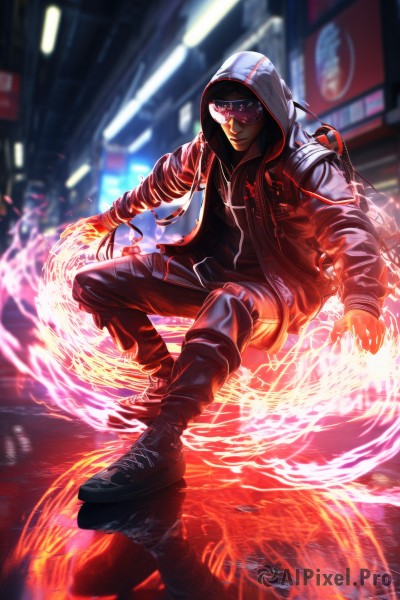 solo,looking at viewer,smile,black hair,long sleeves,1boy,jacket,male focus,boots,outdoors,open clothes,shoes,pants,artist name,hood,bag,black footwear,blurry,open jacket,hoodie,mask,night,depth of field,blurry background,glowing,watermark,black pants,fire,building,hooded jacket,web address,hood up,reflection,city,magic circle,neon lights,squatting,sunglasses,realistic,skates