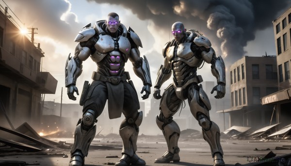 HQ,standing,purple eyes,weapon,male focus,outdoors,multiple boys,sky,cloud,2boys,armor,no humans,muscular,glowing,helmet,cloudy sky,fire,robot,building,mecha,glowing eyes,smoke,science fiction,city,sun,military vehicle,ruins,open hands,power armor,realistic,power lines