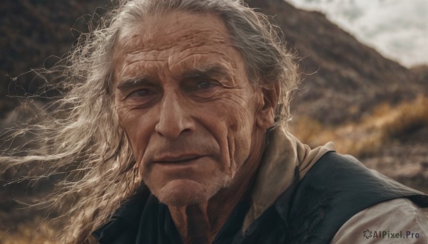 solo,long hair,looking at viewer,blue eyes,shirt,1boy,closed mouth,white shirt,upper body,white hair,grey hair,male focus,outdoors,collared shirt,blurry,vest,grey eyes,blurry background,facial hair,scar,portrait,beard,scar on face,mountain,realistic,old,old man,wrinkled skin,scar across eye,manly