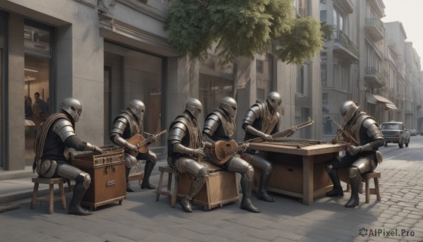 holding,sitting,weapon,boots,outdoors,multiple boys,day,sword,holding weapon,armor,tree,gun,window,chair,table,helmet,shoulder armor,gauntlets,building,instrument,scenery,rifle,6+boys,pauldrons,shield,city,music,guitar,greaves,multiple others,stool,playing instrument,knight,ambiguous gender,people,6+others,box,holding gun,breastplate,sign,road,street,full armor,soldier