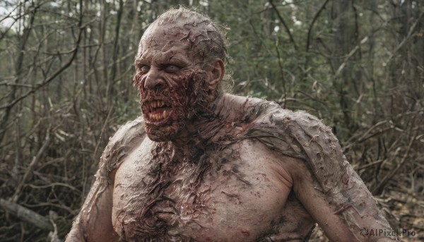 solo,looking at viewer,1boy,upper body,weapon,white hair,male focus,outdoors,teeth,blurry,tree,blood,nature,forest,veins,topless male,injury,realistic,bald,bare tree,open mouth,nipples,muscular,scar