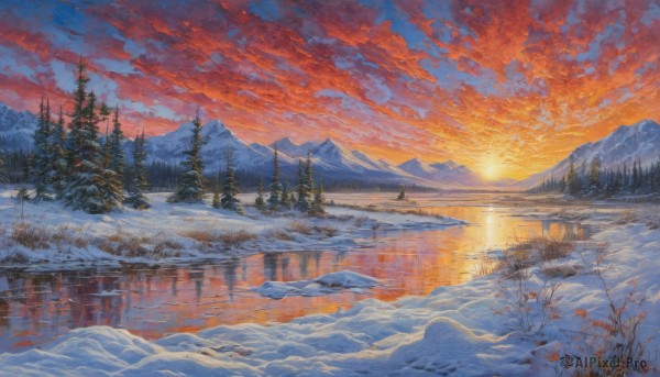 outdoors,sky,cloud,water,tree,no humans,cloudy sky,nature,scenery,snow,forest,reflection,sunset,mountain,sun,winter,bare tree,river,evening,landscape,mountainous horizon,lake,gradient sky,orange sky,red sky,pine tree,signature,blue sky,traditional media,sunlight,ice,twilight,sunrise,reflective water