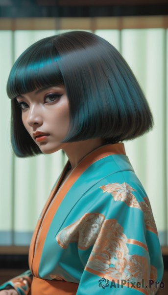 1girl,solo,looking at viewer,short hair,bangs,black hair,brown eyes,upper body,parted lips,japanese clothes,indoors,blunt bangs,kimono,blurry,from side,lips,sash,eyelashes,makeup,blurry background,obi,floral print,bob cut,curtains,freckles,realistic,nose,blue kimono,red lips,print kimono,closed mouth,black eyes,looking to the side,depth of field