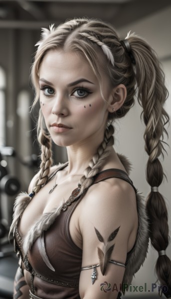 1girl,solo,long hair,breasts,looking at viewer,blue eyes,blonde hair,brown hair,cleavage,bare shoulders,twintails,jewelry,closed mouth,upper body,braid,multicolored hair,earrings,small breasts,sleeveless,artist name,necklace,blurry,twin braids,lips,grey eyes,fur trim,eyelashes,tattoo,blurry background,piercing,forehead,armlet,freckles,realistic,nose,hair tie,arm tattoo,tooth necklace,multiple braids,hair ornament,medium breasts,mole,crop top,facial mark,feathers,ear piercing,facepaint