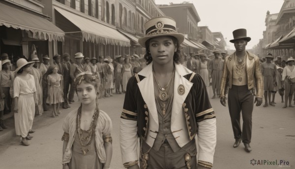 1girl,looking at viewer,smile,short hair,multiple girls,shirt,long sleeves,hat,jewelry,closed mouth,standing,jacket,monochrome,short sleeves,male focus,outdoors,multiple boys,open clothes,day,pants,artist name,signature,dark skin,necklace,vest,open jacket,buttons,facial hair,building,child,spot color,walking,6+boys,top hat,realistic,arms at sides,male child,sepia,crowd,brown theme,dress,2girls,collarbone,greyscale,earrings,solo focus,bracelet,dark-skinned female,lips,chain,6+girls,goggles,road,street,town,people