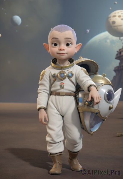 solo,looking at viewer,smile,1boy,holding,closed mouth,standing,full body,male focus,boots,horns,pointy ears,belt,grey eyes,shadow,brown footwear,moon,helmet,headwear removed,realistic,space,planet,earth (planet),spacecraft,spacesuit,space helmet,astronaut,brown eyes,jewelry,purple hair,earrings,male child