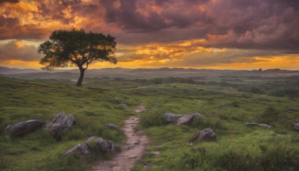 outdoors,sky,cloud,water,tree,no humans,cloudy sky,grass,nature,scenery,reflection,sunset,rock,mountain,horizon,river,evening,landscape,orange sky,forest,path