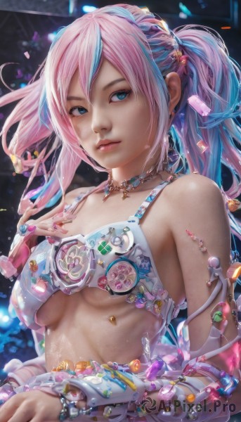 1girl,solo,long hair,breasts,looking at viewer,blue eyes,hair ornament,bare shoulders,twintails,jewelry,medium breasts,blue hair,upper body,pink hair,multicolored hair,earrings,choker,necklace,nail polish,bracelet,two-tone hair,lips,streaked hair,underboob,ring,pink nails,realistic,hair between eyes,closed mouth,swimsuit,braid,bikini,artist name,star (symbol),see-through,watermark,piercing,gem,web address,badge