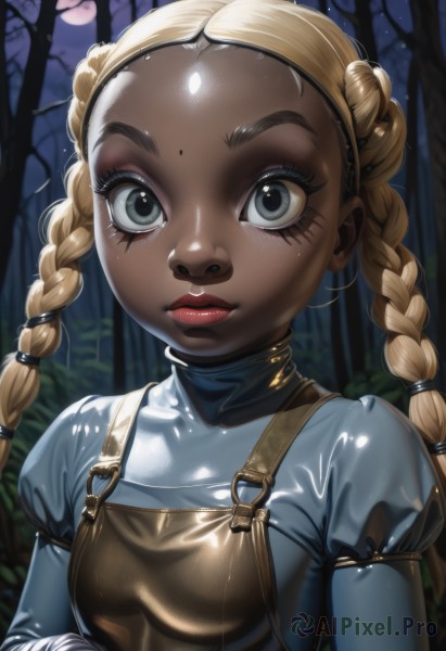 1girl,solo,long hair,breasts,looking at viewer,blonde hair,long sleeves,twintails,closed mouth,upper body,braid,hairband,small breasts,outdoors,sky,puffy sleeves,shiny,artist name,dark skin,twin braids,dark-skinned female,tree,lips,grey eyes,eyelashes,bodysuit,makeup,night,facial mark,moon,thick eyebrows,juliet sleeves,child,nature,night sky,forehead,full moon,forest,red lips,latex,latex bodysuit,blue eyes,armor,lipstick,eyeshadow,freckles,shiny clothes,breastplate,nose