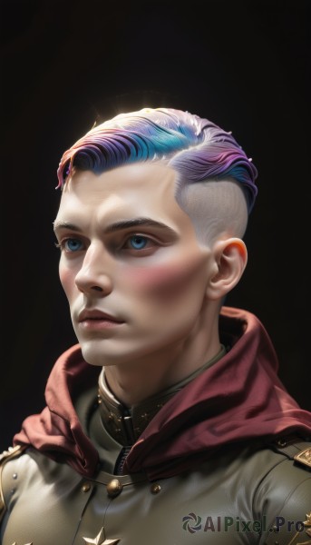 solo,short hair,blue eyes,simple background,1boy,closed mouth,blue hair,jacket,upper body,pink hair,purple hair,male focus,multicolored hair,artist name,signature,star (symbol),cape,uniform,two-tone hair,lips,military,military uniform,black background,portrait,realistic,nose,red cape,very short hair,undercut,medal