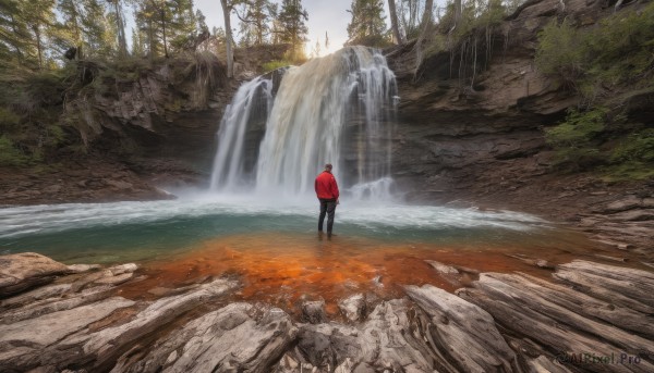 solo,long sleeves,1boy,standing,jacket,male focus,outdoors,day,pants,hood,water,from behind,tree,hoodie,black pants,nature,scenery,red jacket,1other,forest,rock,hands in pockets,facing away,wide shot,river,waterfall,ambiguous gender,red hoodie,stream,hat,sky,cliff