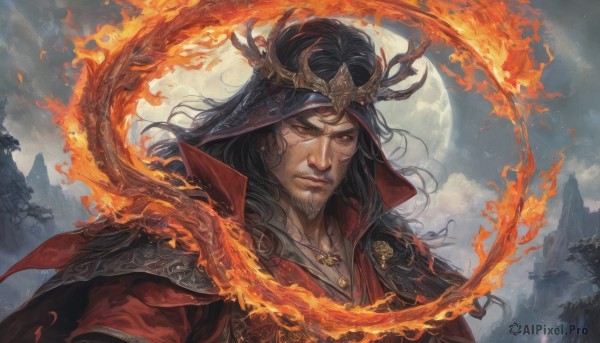 A male showcased in a vivid fiery outdoors