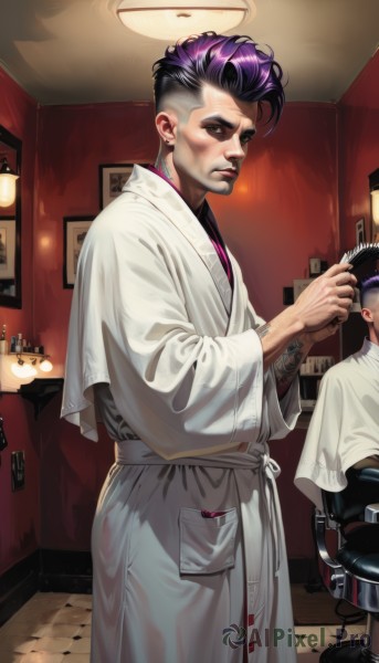 solo,short hair,black hair,1boy,holding,standing,closed eyes,purple hair,male focus,multicolored hair,japanese clothes,solo focus,indoors,from side,two-tone hair,lips,tattoo,makeup,robe,mirror,realistic,nose,arm tattoo,stool,comb,brushing hair,bathrobe,1girl,looking at viewer,bangs,long sleeves,brown eyes,jewelry,closed mouth,cowboy shot,earrings,multiple boys,shiny,black eyes,shiny hair,scar,helmet,very short hair,undercut