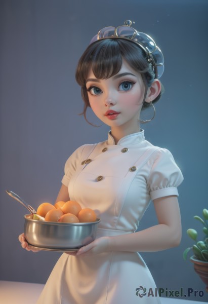 1girl,solo,breasts,looking at viewer,short hair,bangs,blue eyes,brown hair,black hair,hat,dress,holding,jewelry,medium breasts,standing,upper body,short sleeves,earrings,parted lips,food,puffy sleeves,hair bun,white dress,apron,puffy short sleeves,lips,buttons,fruit,blue background,single hair bun,plant,bowl,red lips,potted plant,chef hat,flower pot,blush,teeth,fingernails,see-through,eyelashes,tray,realistic,spoon,nose