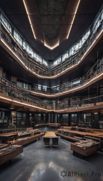 indoors,tree,book,no humans,window,shadow,chair,table,sunlight,plant,building,scenery,desk,light rays,city,bookshelf,light,lamp,cityscape,architecture,skyscraper,ceiling,ceiling light,reflection,wooden floor,stairs