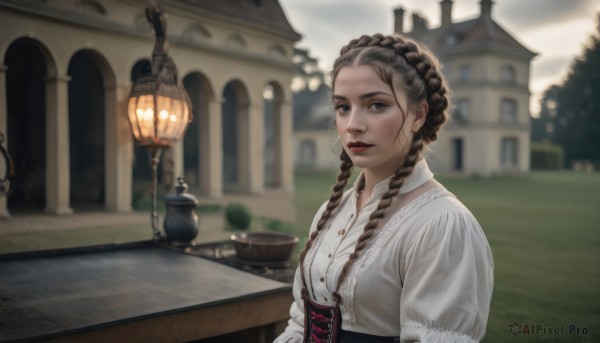 1girl,solo,long hair,breasts,looking at viewer,blue eyes,brown hair,shirt,long sleeves,dress,white shirt,upper body,braid,outdoors,parted lips,day,puffy sleeves,blurry,twin braids,lips,grey eyes,makeup,depth of field,blurry background,table,building,corset,lantern,realistic,red lips,white dress,parody,grass,lipstick,blouse,crown braid