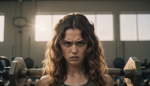 1girl,solo,long hair,looking at viewer,brown hair,bare shoulders,brown eyes,collarbone,upper body,sweat,parted lips,teeth,indoors,blurry,lips,grey eyes,blurry background,watermark,wavy hair,tank top,messy hair,portrait,backlighting,freckles,curly hair,realistic,nose,gym,open mouth,black hair,window,sunlight,angry,hammer,dirty,dirty face,dumbbell,weightlifting