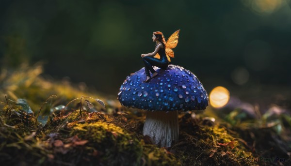 1girl,solo,short hair,brown hair,sitting,flower,outdoors,wings,shoes,pants,blurry,from side,profile,night,depth of field,blurry background,moon,grass,plant,nature,scenery,minigirl,rock,fairy wings,riding,fairy,mushroom,wide shot,tree stump,long hair,black hair,dress,sleeveless,bare arms,animal,bug,bokeh,butterfly wings