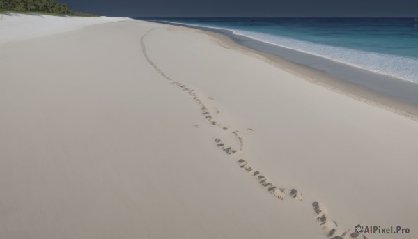 outdoors,sky,day,water,tree,no humans,ocean,beach,scenery,sand,horizon,shore,footprints,cloud,blue sky,shadow,bird,grass,ground vehicle,motor vehicle,waves