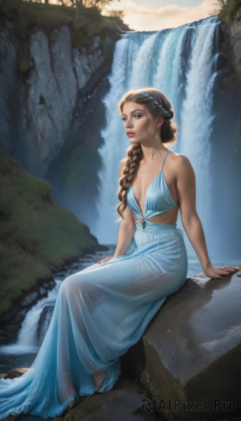 1girl,solo,long hair,breasts,blue eyes,brown hair,hair ornament,dress,cleavage,bare shoulders,brown eyes,jewelry,medium breasts,sitting,collarbone,full body,braid,earrings,small breasts,outdoors,parted lips,artist name,water,white dress,lips,see-through,bare arms,single braid,blue dress,arm support,looking away,nature,hair over shoulder,braided ponytail,rock,long dress,river,waterfall,looking at viewer,barefoot,no bra,watermark,patreon username,realistic,nose,plunging neckline