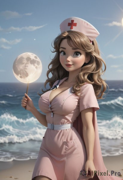 1girl,solo,long hair,breasts,looking at viewer,blush,smile,large breasts,brown hair,hat,dress,holding,cleavage,brown eyes,underwear,standing,collarbone,panties,short sleeves,cowboy shot,outdoors,parted lips,sky,teeth,day,belt,cloud,water,cape,bra,blurry,blue sky,lips,see-through,grey eyes,ocean,wavy hair,beach,moon,cross,pink dress,curly hair,nurse cap,sand,sun,red lips,nurse,waves,shore,medium breasts,thick eyebrows,hand fan