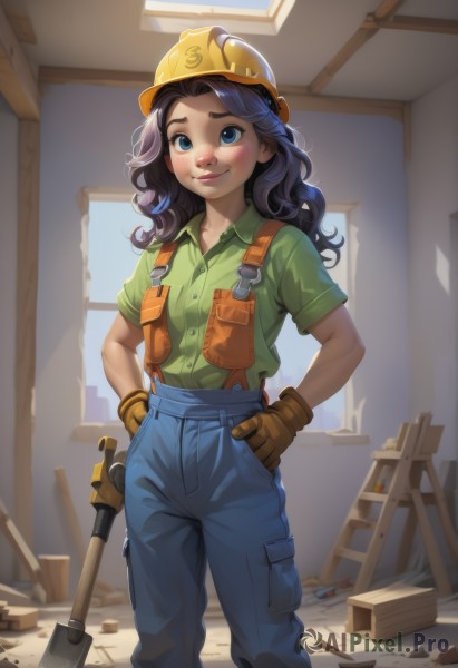 1girl,solo,long hair,looking at viewer,blush,smile,blue eyes,shirt,black hair,gloves,hat,closed mouth,standing,short sleeves,collared shirt,pants,indoors,lips,window,buttons,wavy hair,suspenders,helmet,denim,child,brown gloves,backlighting,freckles,curly hair,pocket,hands on hips,nose,green shirt,female child,overalls,hammer,dirty,yellow headwear,hardhat,brown hair,feet out of frame,thick eyebrows,hands in pockets,blue pants,yellow gloves