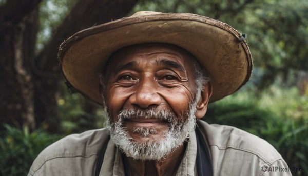 solo,looking at viewer,smile,shirt,1boy,hat,closed mouth,white shirt,upper body,white hair,grey hair,male focus,outdoors,day,collared shirt,blurry,tree,depth of field,blurry background,facial hair,portrait,nature,beard,forest,realistic,mustache,brown headwear,straw hat,manly,old,old man,parted lips,teeth,black eyes,lips,grey eyes