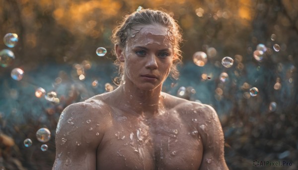 1girl, solo, breasts, looking at viewer, short hair, blue eyes, closed mouth, collarbone, upper body, nude, blurry, wet, blurry background, freckles, bubble, water drop, realistic