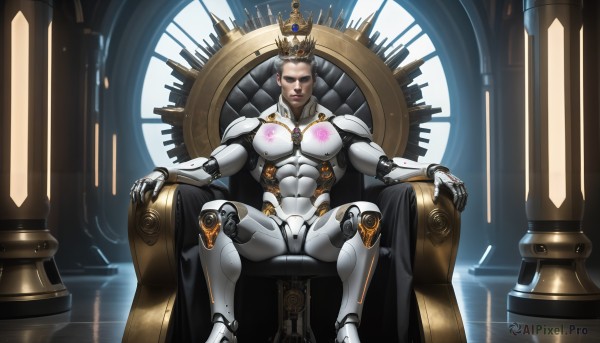 HQ,1girl,solo,breasts,looking at viewer,short hair,large breasts,medium breasts,sitting,closed mouth,nipples,spread legs,armor,lips,bodysuit,muscular,abs,crown,science fiction,muscular female,android,joints,cyborg,robot joints,throne,power armor,blue eyes,1boy,male focus,cape,tattoo,facial hair,chair,muscular male,bara