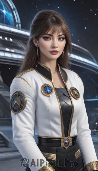 1girl,solo,long hair,breasts,looking at viewer,bangs,brown hair,shirt,long sleeves,cleavage,brown eyes,jewelry,medium breasts,jacket,earrings,belt,pants,lips,makeup,white jacket,lipstick,star (sky),science fiction,realistic,nose,red lips,space,planet,spacecraft,sky,artist name,night,black pants,starry sky,emblem