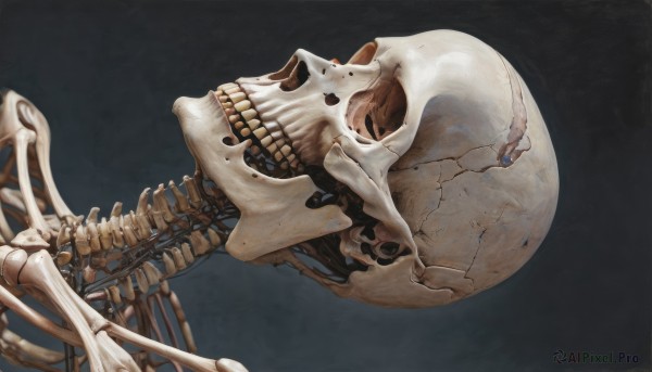 solo,open mouth,simple background,teeth,grey background,from side,gradient,gradient background,no humans,skull,realistic,ribs,skeleton,bone,crack,spine,moon,black background,surreal