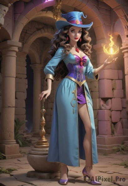 1girl,solo,long hair,breasts,looking at viewer,smile,skirt,brown hair,long sleeves,hat,dress,holding,cleavage,brown eyes,jewelry,medium breasts,closed mouth,standing,full body,earrings,shoes,artist name,indoors,necklace,high heels,lips,makeup,witch hat,blue dress,glowing,watermark,wavy hair,fire,plant,lipstick,staff,gem,corset,pendant,blue headwear,curly hair,fantasy,red lips,witch,magic,candle,purple headwear,purple footwear,pillar,flame,arch,blue eyes,bow,side slit