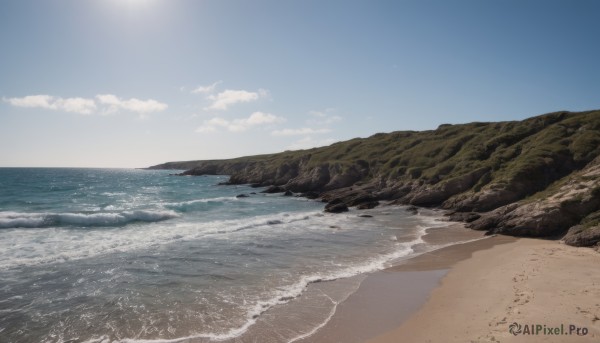 outdoors,sky,day,cloud,water,blue sky,no humans,ocean,beach,scenery,rock,mountain,sand,sun,horizon,waves,shore