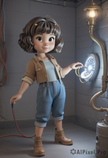 1girl,solo,looking at viewer,smile,short hair,bangs,brown hair,shirt,holding,brown eyes,standing,jacket,full body,boots,open clothes,pants,indoors,signature,open jacket,lips,glowing,brown footwear,suspenders,denim,child,sleeves rolled up,brown jacket,jeans,female child,overalls,cable,magic circle,industrial pipe,black hair,hair ornament,shoes,hairclip,dark skin,lamp,light bulb