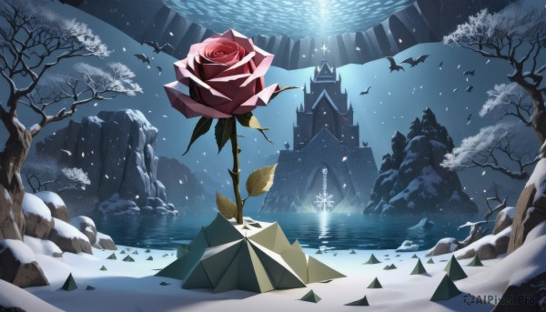 flower,outdoors,sky,water,tree,petals,no humans,night,rose,bird,red flower,scenery,snow,ice,red rose,snowing,fantasy,winter,bare tree,castle,signature,moon,plant,building,night sky,rock,bat (animal),thorns,frozen