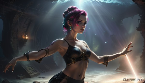 1girl,solo,breasts,looking at viewer,short hair,red eyes,navel,cleavage,bare shoulders,jewelry,medium breasts,collarbone,upper body,pink hair,purple hair,braid,earrings,small breasts,parted lips,midriff,sword,artist name,signature,stomach,hair bun,nail polish,bracelet,lips,fingernails,tattoo,makeup,glowing,facial mark,sunlight,single hair bun,outstretched arms,black nails,armlet,light rays,realistic,nose,light,facial tattoo,bra,black bra,scenery,fantasy