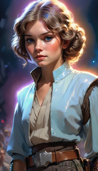 1girl,solo,looking at viewer,short hair,blue eyes,blonde hair,brown hair,shirt,long sleeves,closed mouth,jacket,white shirt,upper body,parted lips,solo focus,belt,hair bun,blurry,lips,eyelashes,makeup,blurry background,single hair bun,lipstick,blue jacket,backlighting,freckles,curly hair,pouch,nose,red lips,brown belt,belt pouch,leather belt,blush,realistic