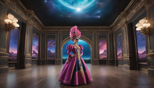 solo,brown hair,long sleeves,1boy,hat,dress,standing,weapon,male focus,sky,puffy sleeves,indoors,facial hair,arms behind back,juliet sleeves,star (sky),scenery,reflection,mustache,long dress,hat feather,planet,1girl,looking at viewer,smile,short hair,jewelry,closed mouth,collarbone,full body,puffy short sleeves,hand on hip,night,moon,night sky,purple dress,starry sky,wooden floor,wide shot,pillar,gown