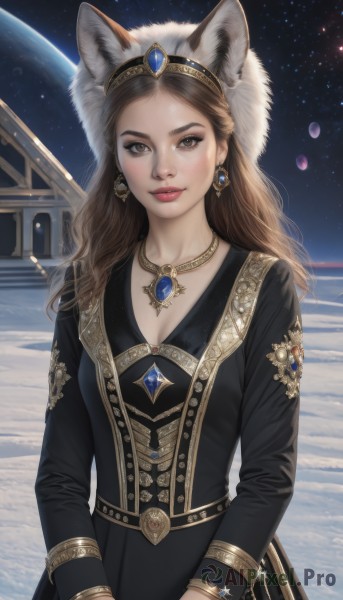 1girl,solo,long hair,breasts,looking at viewer,smile,brown hair,long sleeves,hat,dress,animal ears,cleavage,brown eyes,jewelry,medium breasts,closed mouth,upper body,earrings,outdoors,sky,necklace,mole,black dress,lips,night,fake animal ears,gem,star (sky),night sky,snow,forehead,pendant,starry sky,freckles,gold trim,realistic,nose,space,planet,fur hat,earth (planet),makeup,wolf ears,red lips