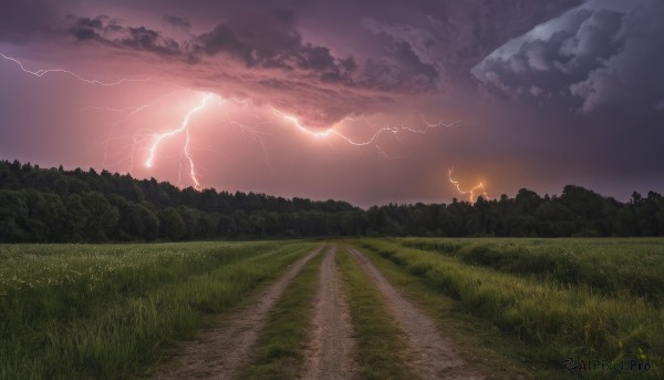 outdoors,sky,cloud,tree,no humans,cloudy sky,grass,nature,scenery,forest,mountain,electricity,road,field,lightning,landscape,path,hill,sunset