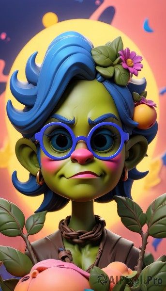 1girl,solo,looking at viewer,blush,smile,short hair,open mouth,blue eyes,shirt,hair ornament,jewelry,blue hair,upper body,flower,earrings,parted lips,food,glasses,hair flower,necklace,lips,makeup,fruit,colored skin,chain,leaf,blush stickers,lipstick,portrait,pink flower,hoop earrings,green skin,green-framed eyewear,bangs,holding,closed mouth,artist name,moon,sunglasses,plant,backlighting,blue skin,stud earrings,tinted eyewear,blue-tinted eyewear