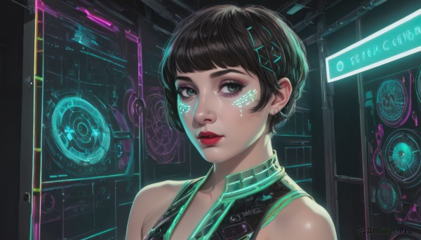 1girl,solo,looking at viewer,short hair,bangs,black hair,hair ornament,bare shoulders,jewelry,green eyes,upper body,earrings,hairclip,lips,eyelashes,makeup,lipstick,portrait,science fiction,nose,red lips,eyeliner,mascara,cyberpunk,neon lights,holographic interface,hologram,closed mouth,sleeveless,blunt bangs,facial mark,eyeshadow,realistic,facepaint