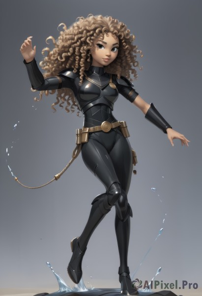 1girl,solo,long hair,breasts,looking at viewer,smile,brown hair,brown eyes,medium breasts,standing,full body,boots,belt,dark skin,grey background,water,armor,dark-skinned female,lips,gradient,gradient background,bodysuit,standing on one leg,skin tight,curly hair,pouch,bracer,knee pads,animification,splashing,belt pouch,superhero,simple background,artist name,mole under eye,makeup,watermark,breastplate,black bodysuit