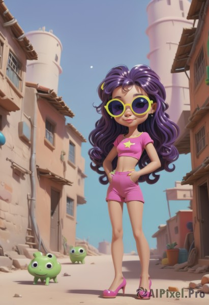 1girl,solo,long hair,breasts,looking at viewer,smile,shirt,navel,jewelry,closed mouth,standing,purple eyes,full body,purple hair,short sleeves,earrings,small breasts,outdoors,sky,shoes,shorts,day,midriff,dark skin,star (symbol),high heels,bracelet,blue sky,lips,crop top,short shorts,makeup,wavy hair,sunglasses,lipstick,building,child,curly hair,pink shirt,hands on hips,city,pink footwear,frog,potted plant,tinted eyewear,cropped shirt,pink shorts,alley,yellow-framed eyewear,cactus,yellow-tinted eyewear,dark-skinned female,plant,star earrings