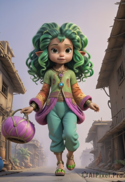 1girl,solo,long hair,looking at viewer,holding,brown eyes,jewelry,green eyes,full body,outdoors,green hair,pointy ears,pants,dark skin,necklace,bag,bracelet,lips,sandals,thick eyebrows,plant,building,child,walking,curly hair,city,anklet,female child,street,baggy pants,navel,artist name,dark-skinned female,bangle,house,dirty,watering can