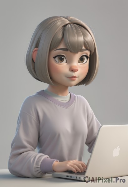 1girl,solo,looking at viewer,blush,smile,short hair,bangs,simple background,brown hair,shirt,long sleeves,brown eyes,closed mouth,white shirt,upper body,grey hair,small breasts,artist name,grey background,sweater,lips,bob cut,thick eyebrows,grey shirt,freckles,nose,computer,grey sweater,laptop,breasts,realistic