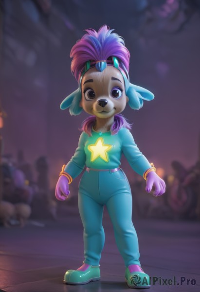 1girl,solo,long hair,looking at viewer,smile,shirt,gloves,long sleeves,animal ears,brown eyes,jewelry,closed mouth,standing,full body,ponytail,pink hair,purple hair,sidelocks,multicolored hair,small breasts,shoes,solo focus,shiny,belt,pants,artist name,signature,necklace,star (symbol),blurry,black eyes,shiny hair,flat chest,bracelet,two-tone hair,:3,night,depth of field,blurry background,watermark,happy,blue shirt,goggles,child,eyewear on head,furry,purple background,pocket,goggles on head,blue footwear,green shirt,furry female,blue pants,female child,bangle,body fur,straight-on,green footwear,animal nose,green pants,buck teeth,blue overalls,aqua footwear,pink fur,twintails,blue hair,outdoors,medium hair,nail polish,colored skin,low twintails,freckles,star print