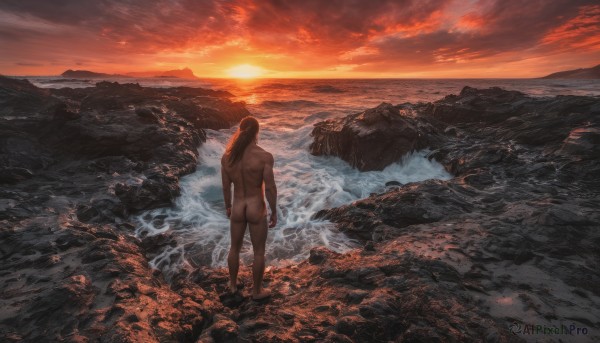 1girl, solo, long hair, brown hair, standing, ass, nude, outdoors, sky, cloud, water, from behind, completely nude, ocean, back, scenery, sunset, rock, horizon, facing away, waves, nudist